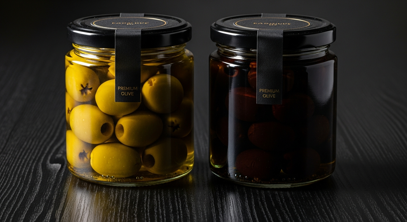 Premium olives in glass jars